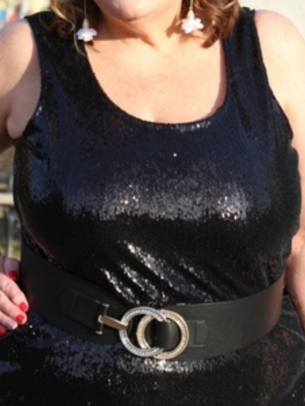 Women’s Black Belt with Gold and Silver Crystal Double-Ring Buckle